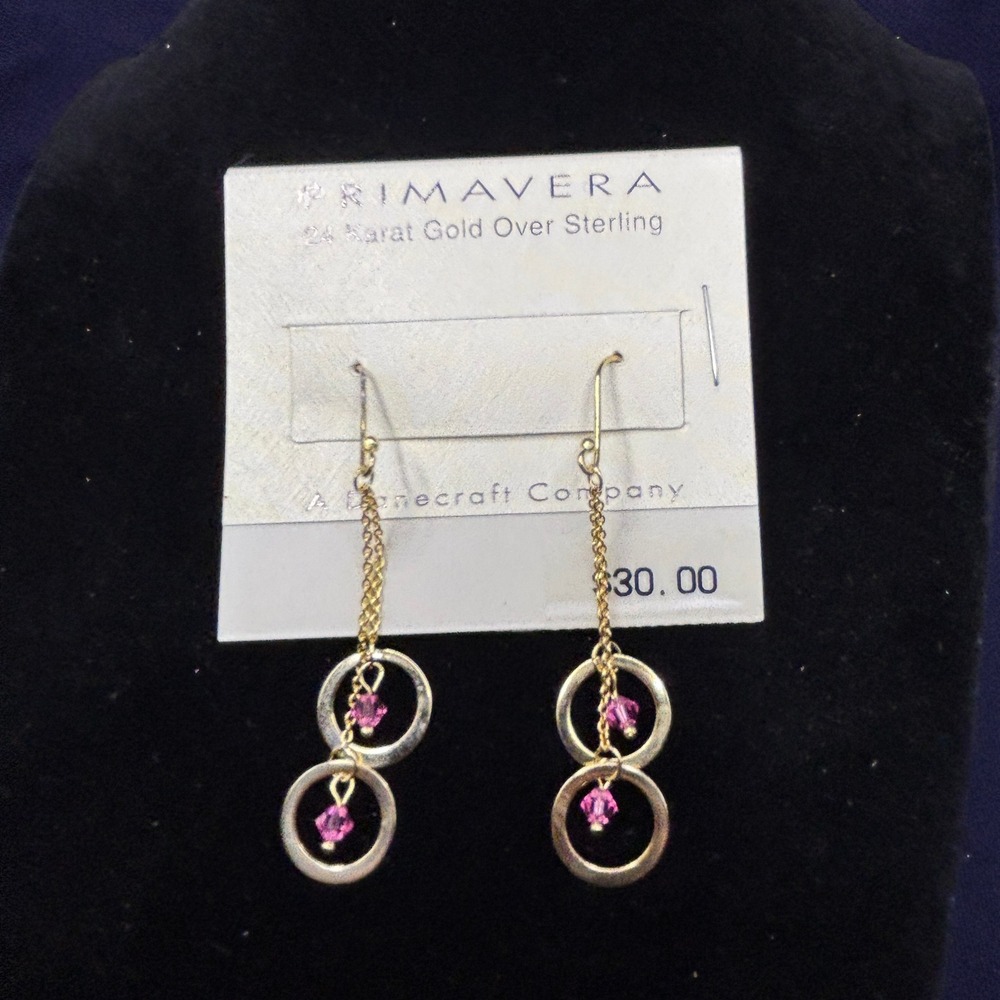 Primavera Danecraft 24K Gold‎ Over Sterling Silver Pink Crystal Drop Earrings